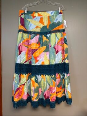 Time and Tru Multicolor Leaf-Print Maxi Skirt with Teal Lace Trim